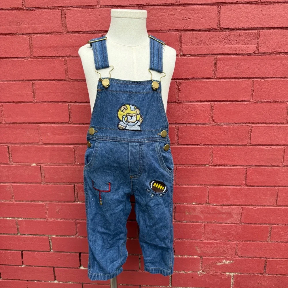 Vintage Football Bear Denim Overalls Baby Boy 12M Blue Embroidered Patches‎